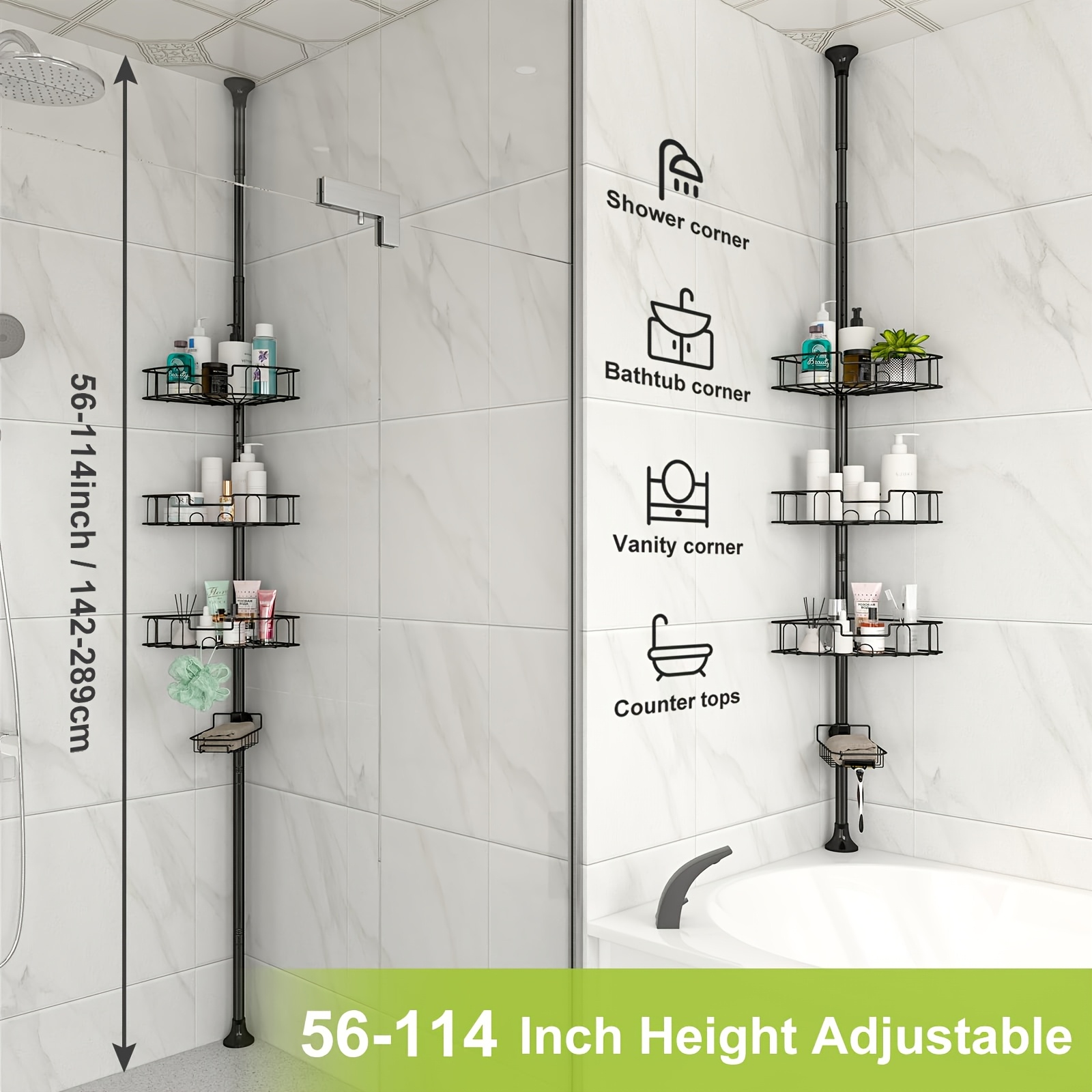 TEMU Yeyebest Shower Rack Corner Tension Rod, Stainless Steel Adjustable Floor To Ceiling Corner Shower Rack Bracket For Bathroom Interior Shower