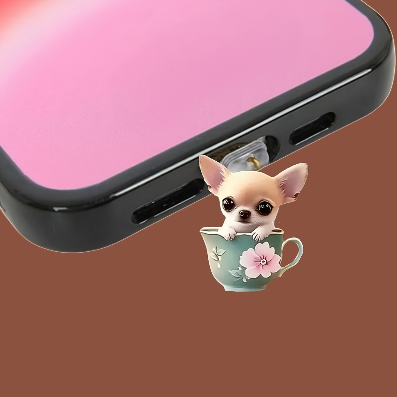 

1pc Chihuahua In Teacup Acrylic Phone Dust Plug, Compatible With Iphone/type-c Android Connectors, & Maintenance Accessory