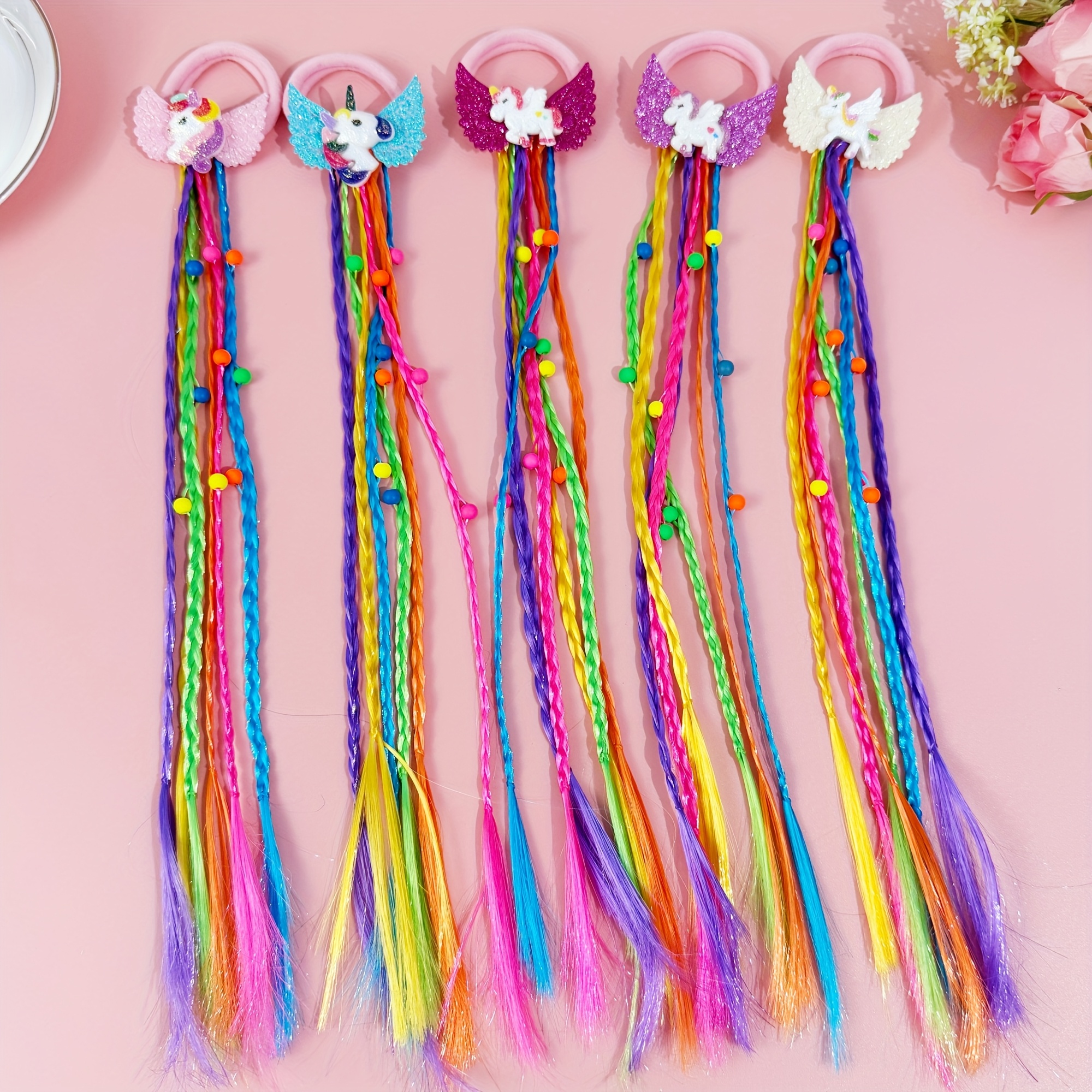 TEMU 5 Cartoon Unicorn Hair Ties Colorful Braided Hair Ropes Fashion Wig Hair Ties Wing Unicorn Nylon Hair Ties Festival Dress Up Headwear