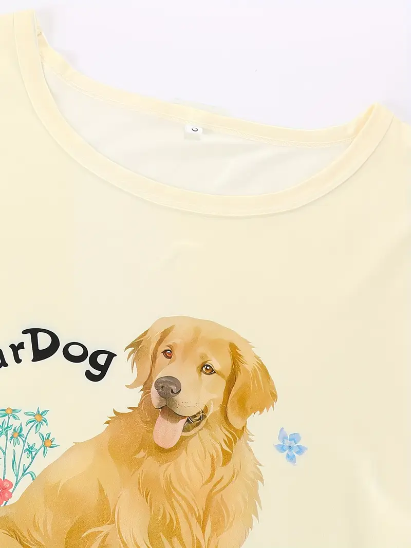 crew neck three piece apricot floral golden retriever puppy animal print adult pajama set short sleeve top and loose elastic shorts and pants casual womens pajama and loungewear set all year round Product details 5