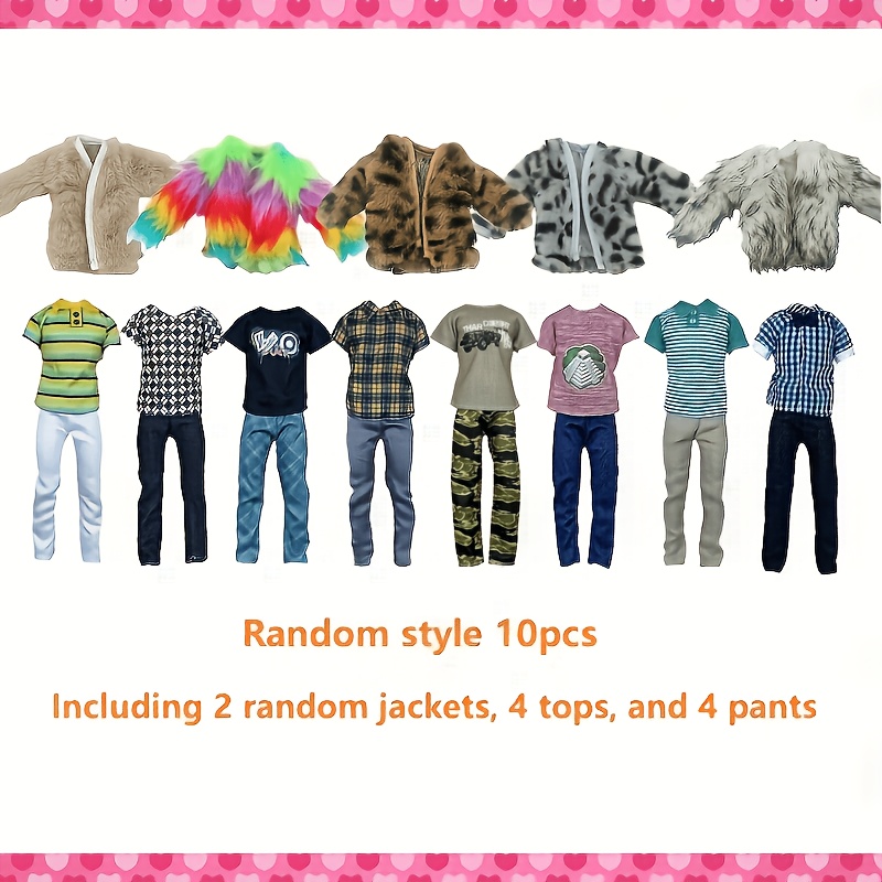 Image of 10pcs Random Male Doll Clothing, Including 2 Soft Faux Fur Jackets, 4 Tops, 4 Patched Pants, Christmas Gifts, Children's Party Gifts, Products Do Not Dolls