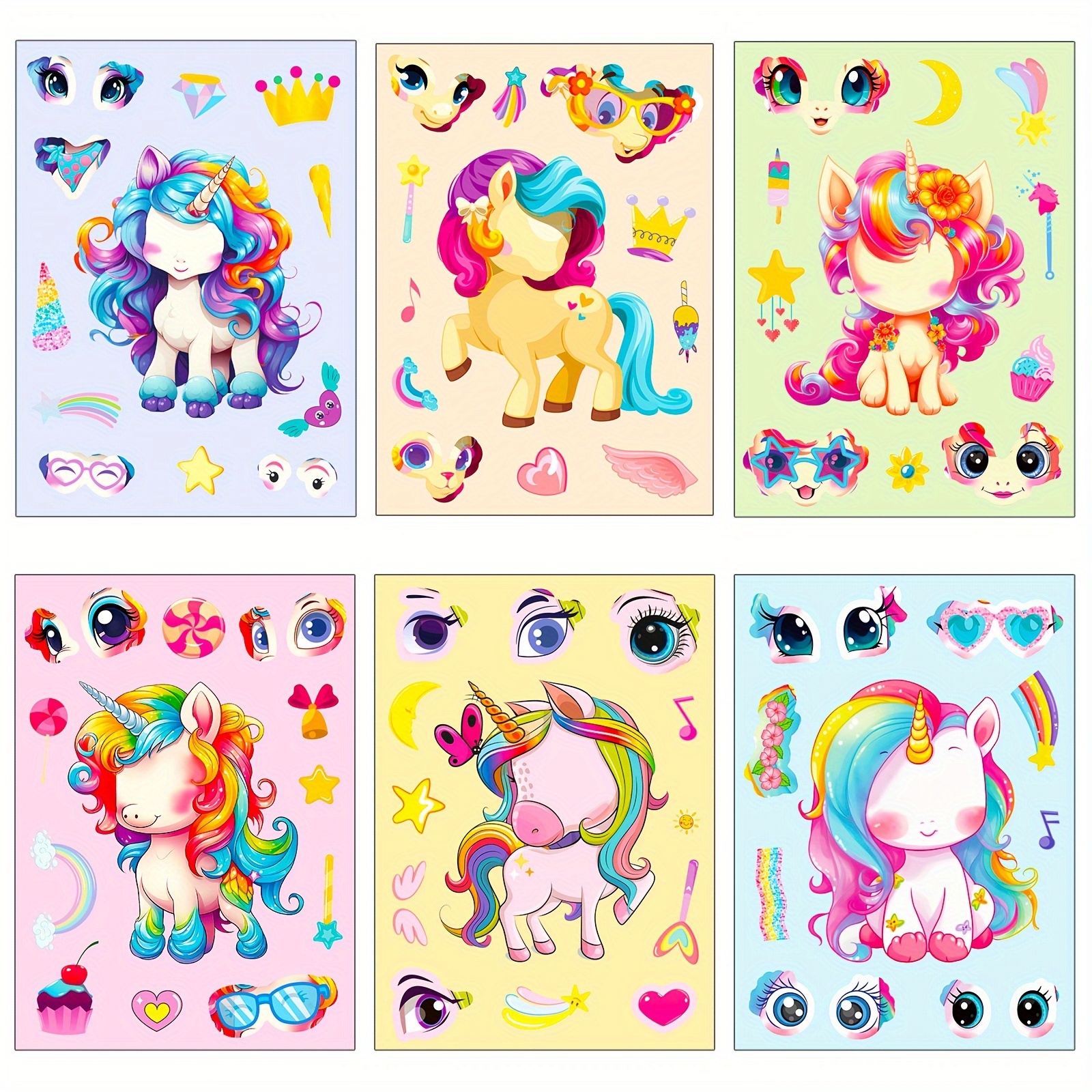

6 Sheets Cute Rainbow Pony Facial Features Puzzle Stickers, Fun Notebook Material Toy Puzzle Stickers