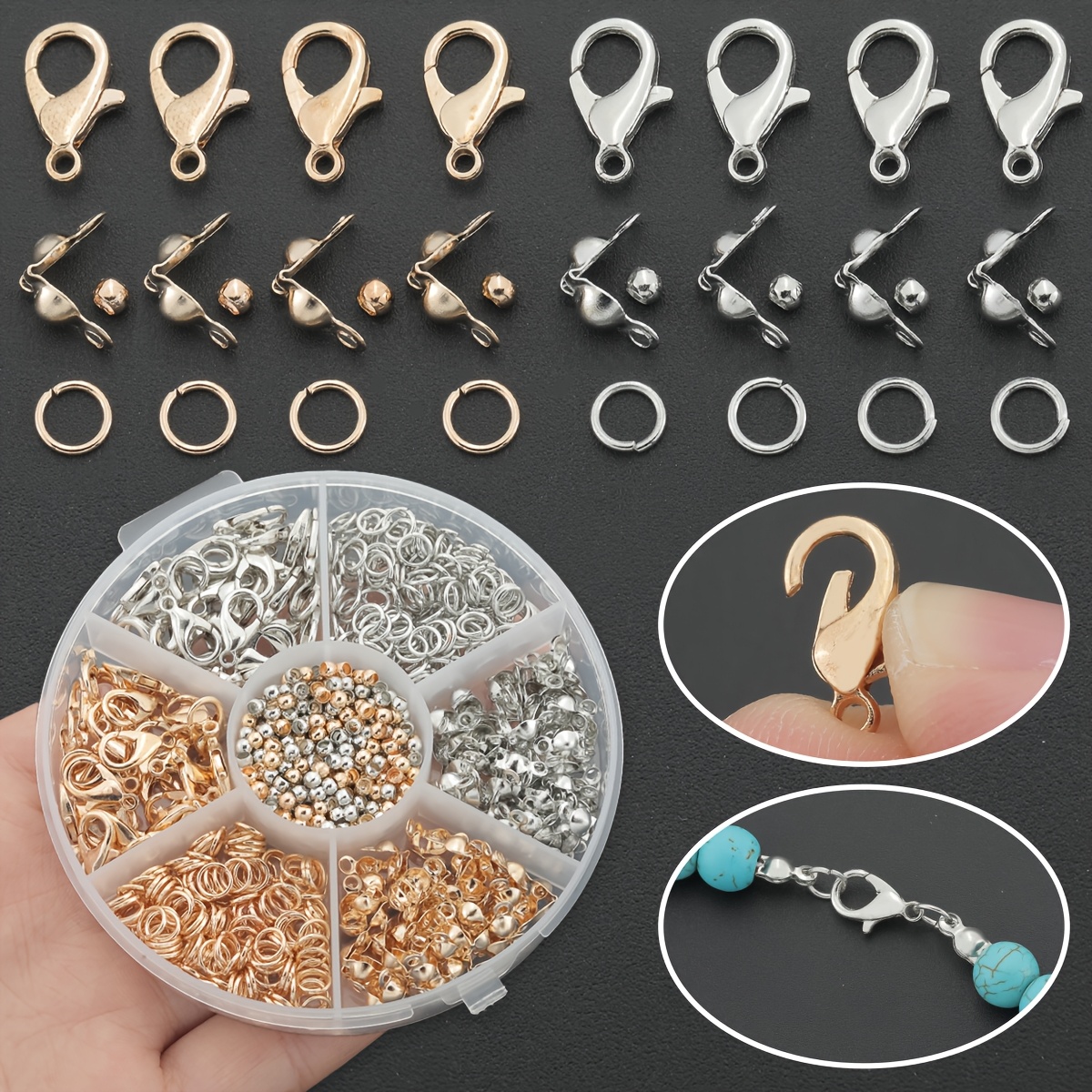 300pcs box jewelry making parts set kc golden and white k including 30pcs lobster clasps 60pcs spacer beads 150pcs jump rings 60pcs crimp beads suitable for beading jewelry clasps open end connecting rings flat end fixed round beads