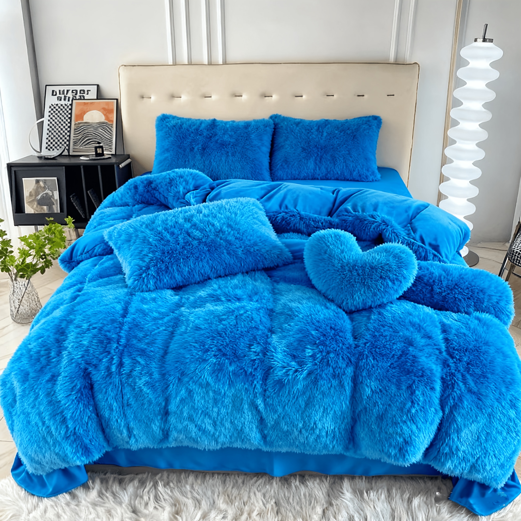 TEMU 4pcs Fashionable, Comfortable, Soft And Luxurious Plush Set, 2 Pillowcase+1 Duvet 1 Heart-shaped Pillow, Suitable For - Bright Colors, Hidden