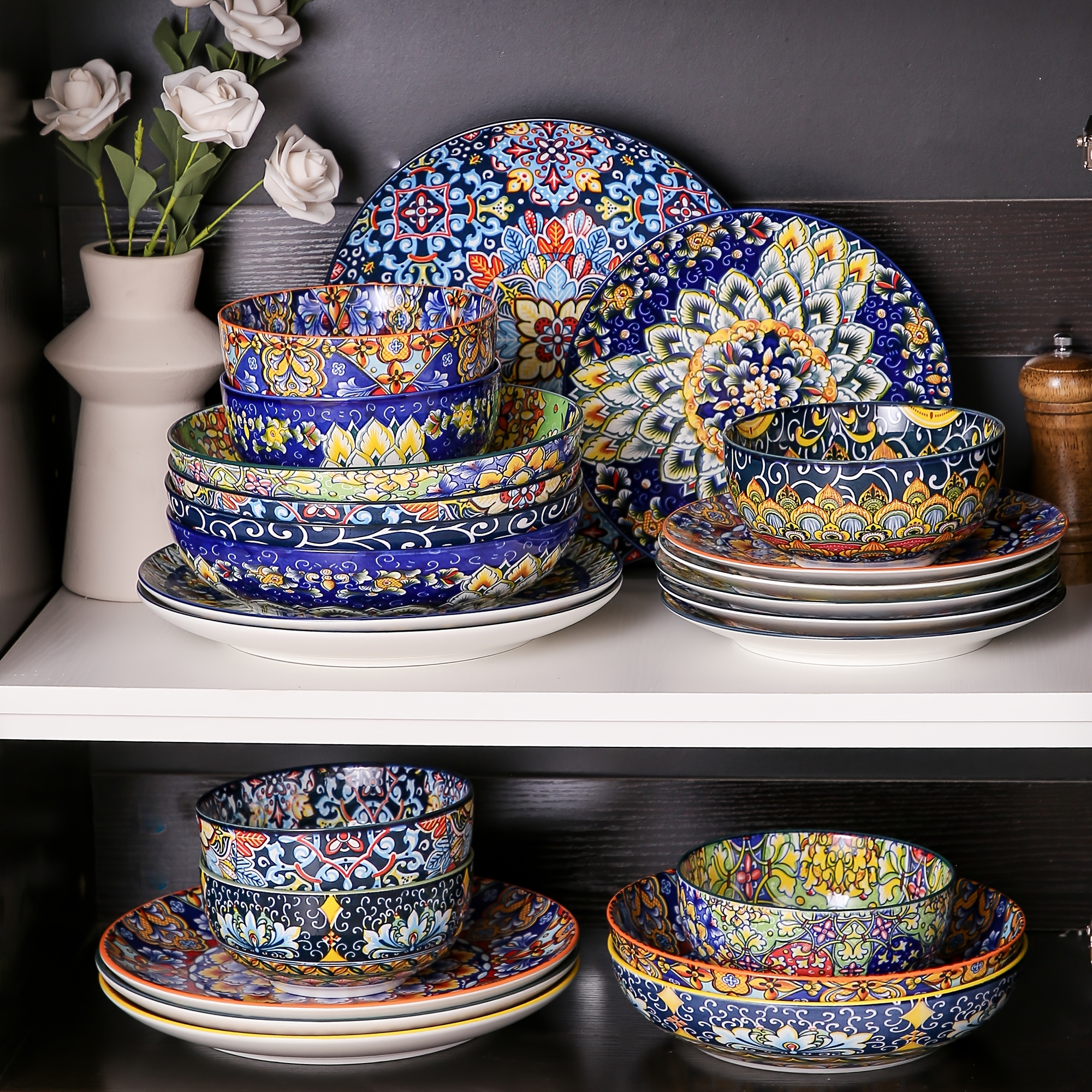 TEMU Dinnerware Sets (24pcs) Serves 6, Boho Plates And Bowls Dish Set With Dinner Plate, Dessert Dinner Plate Soup Plate And Bowl, Apply Indoor