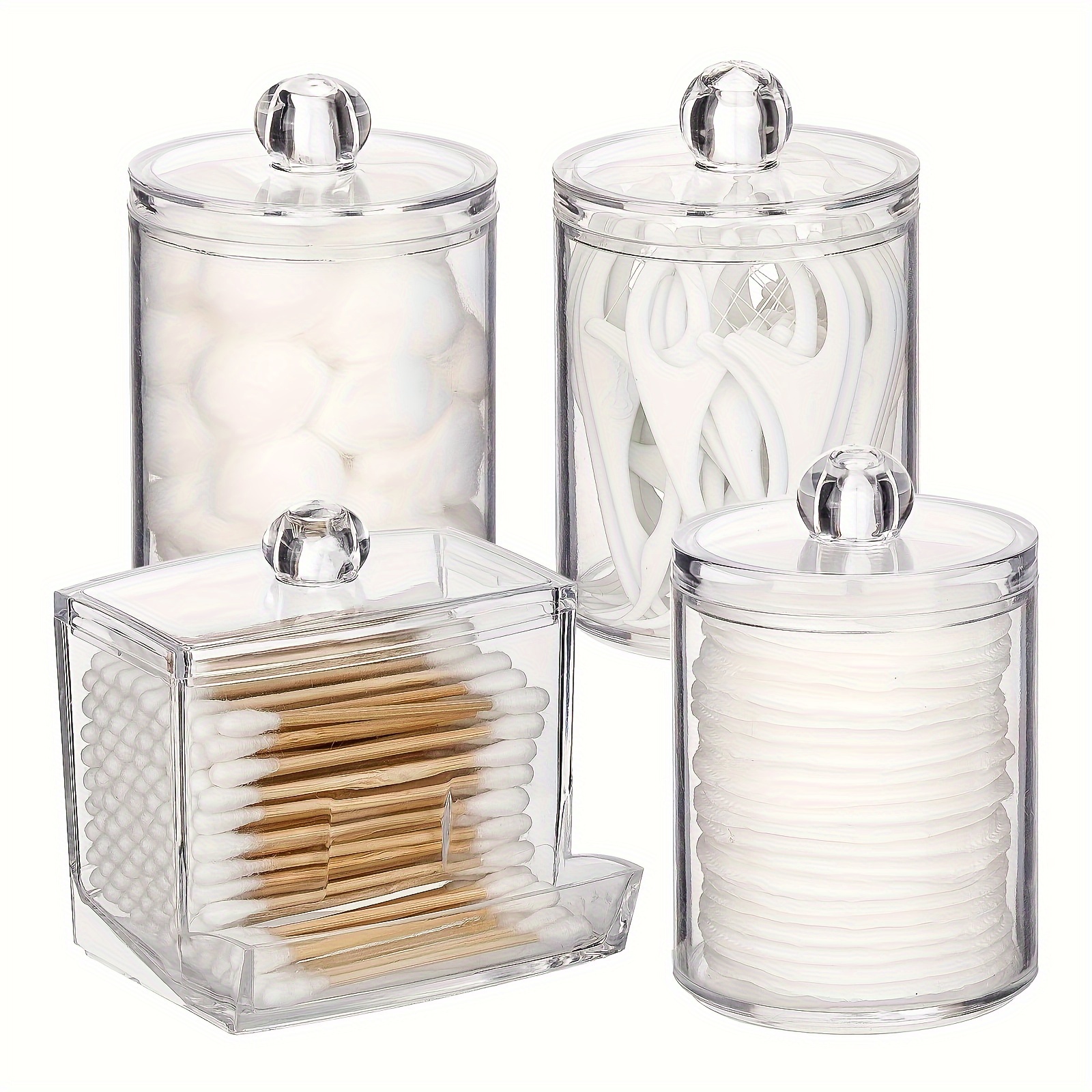 

1/4-piece Clear Plastic Storage Jars - Stylish Bathroom Organizer For Cotton Swabs, Balls & Makeup Tools - Sealed 7/10 Oz Containers With Flip Lid