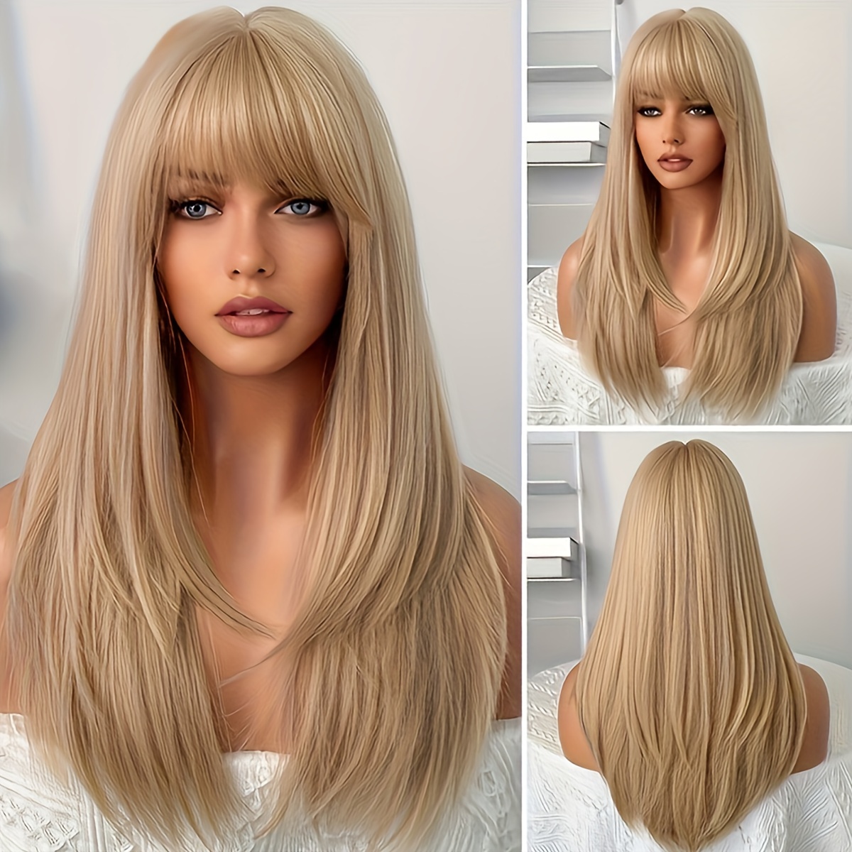 

Elegant Straight Blonde Wig For Women With Curtain Bangs - High Temperature Fiber, Rose Net Cap, Adjustable & Comfortable, Natural Look Synthetic Wig For Daily & Party Use