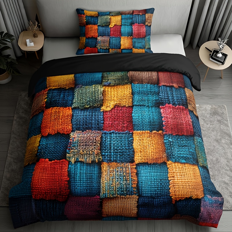Image of 2/3pcs Country Style Color Block Duvet Cover Set, 1 Duvet Cover + 1/2 Pillowcases (no Pillow Inserts), High-definition Print