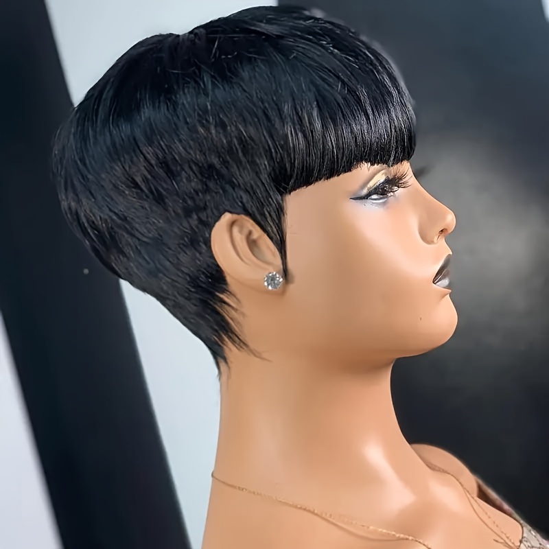 

Chic Cut Wig With Bangs For Women - 12a Brazilian Remy Human Hair, Short Layered Cut, Glueless Full Machine-made, , Straight, For Tones, 150% Density