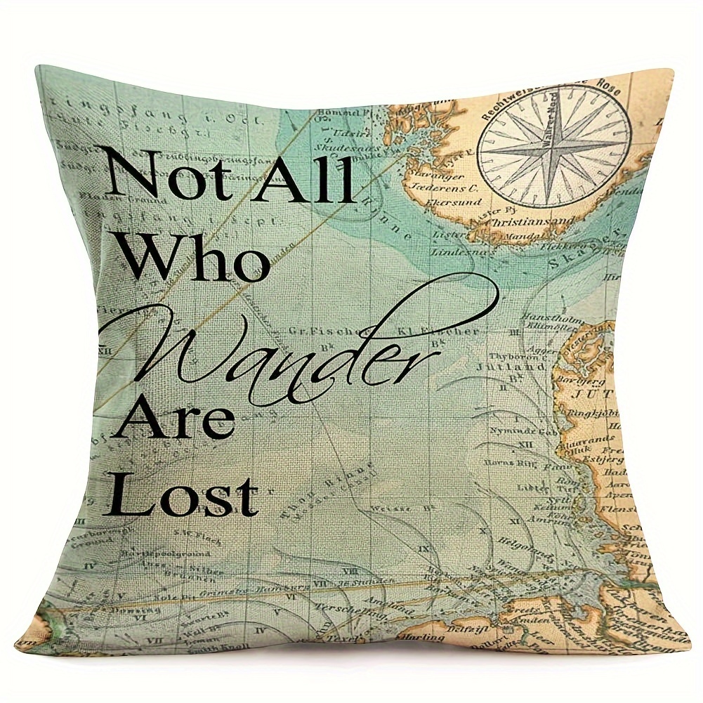 

1pc Geography Theme Throw Pillow Covers Compass Map Art Lettering Throw Pillow Cushion Cover Protector Home Decorative Pillow Case For Sofa Couch, Travel Green (cushion Is Not Included) 18x18inch