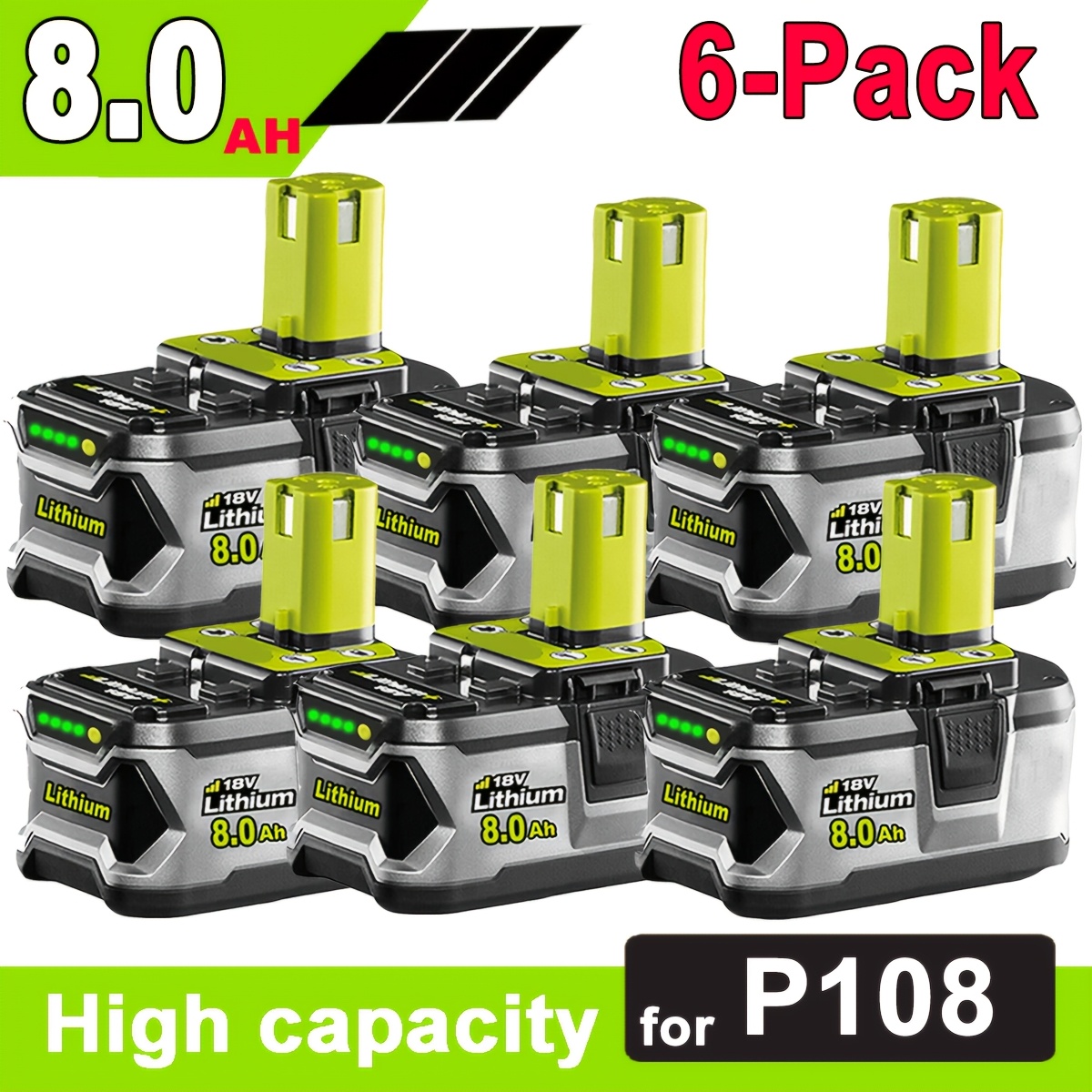 TEMU 6-pack 8.0ah Battery Compatible With Ryobi 18v Battery P108 P104 P105 P107 P109 P122 P145 Replacement 18 Volt Ryobi Battery