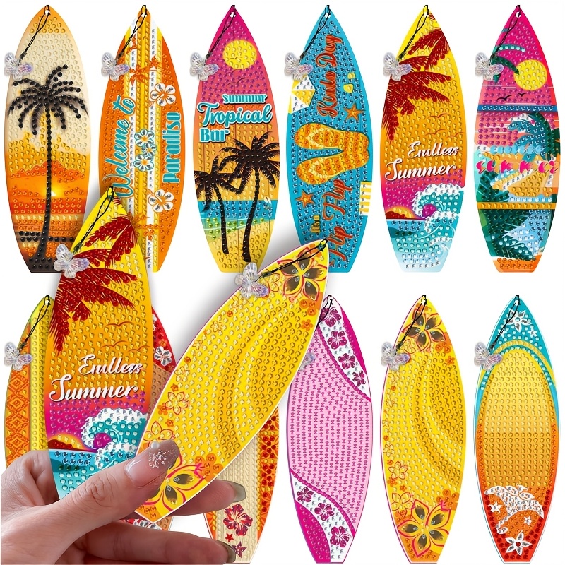 TEMU 12pcs Bohemian Style Diamond Painting Surfboard Bookmark Set, Featuring Decorative Elements Such As Coconut Trees, Letters, Slippers, And , And