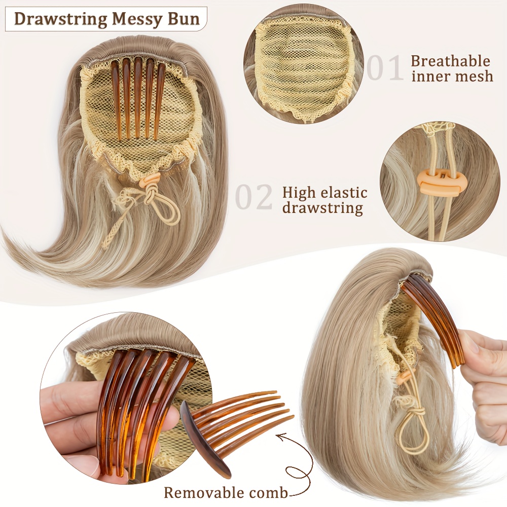 detachable long comb clip style bun ponytail drawstring ponytail hair extensions bun wig womens short ponytail bun halloween details 3