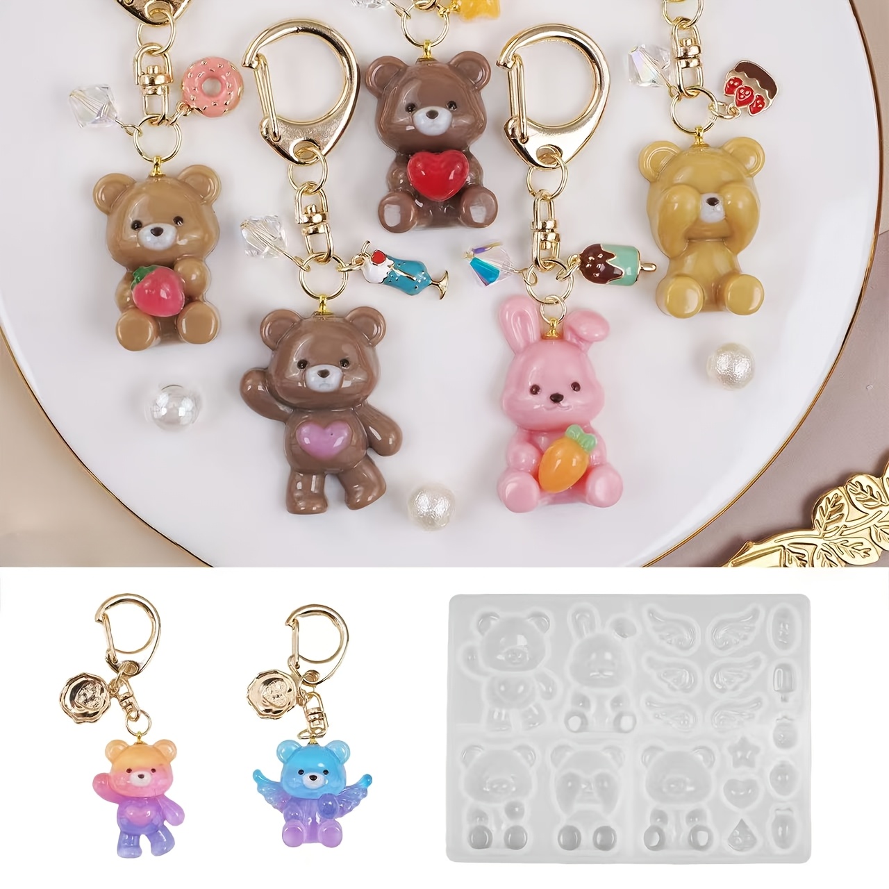 

Diy Resin Keychain Pendant Mold Set, Bear & Rabbit Silicone Molds, Jewelry Crafting, Suitable For Keyring & Bag Accessories