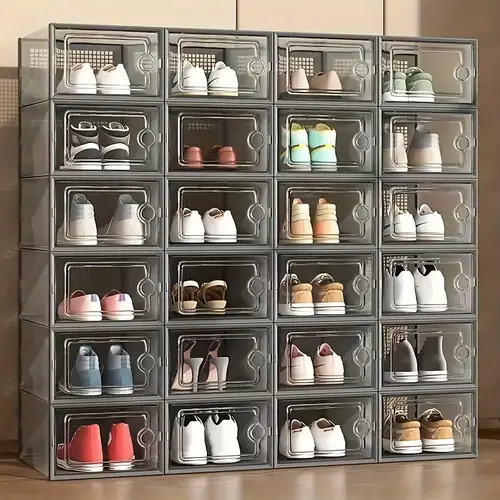 24 pack extra large clear plastic stackable shoe storage boxes with handles foldable space saving organizers for office foyer closet durable transparent shoe rack alternative replaces drawers entryway organizer spacesaving design