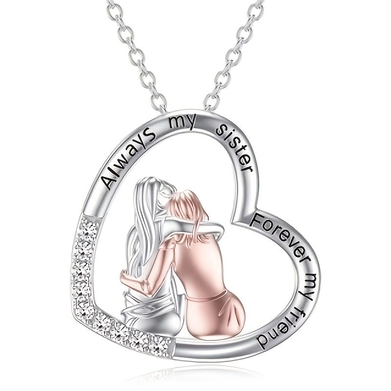 

Elegant Vacation Heart-shaped Sister Pendant Necklace With Synthetic Zirconia And Copper, Platinum Plated, Ideal For And Gifting, Suitable, Valentine's