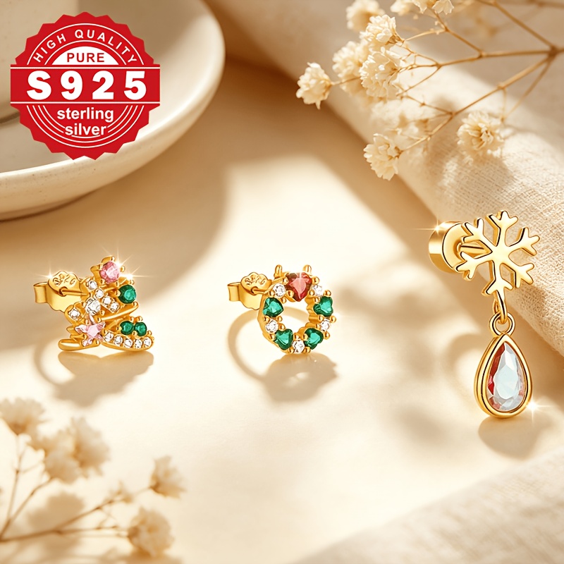 3pcs Christmas Themed S925 Silver Stud Earrings Set, Gift for Her