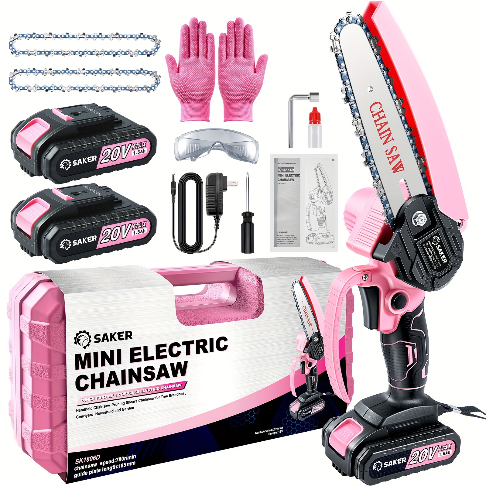 

Mini Electric Chainsaw, 6 Inch, Handheld Portable Chain Saw Pruning Shears Chainsaw Cordless For Tree Branches, Household And Garden ( Mini Chainsaw Pink + 2 Batteries + 3 Chains)