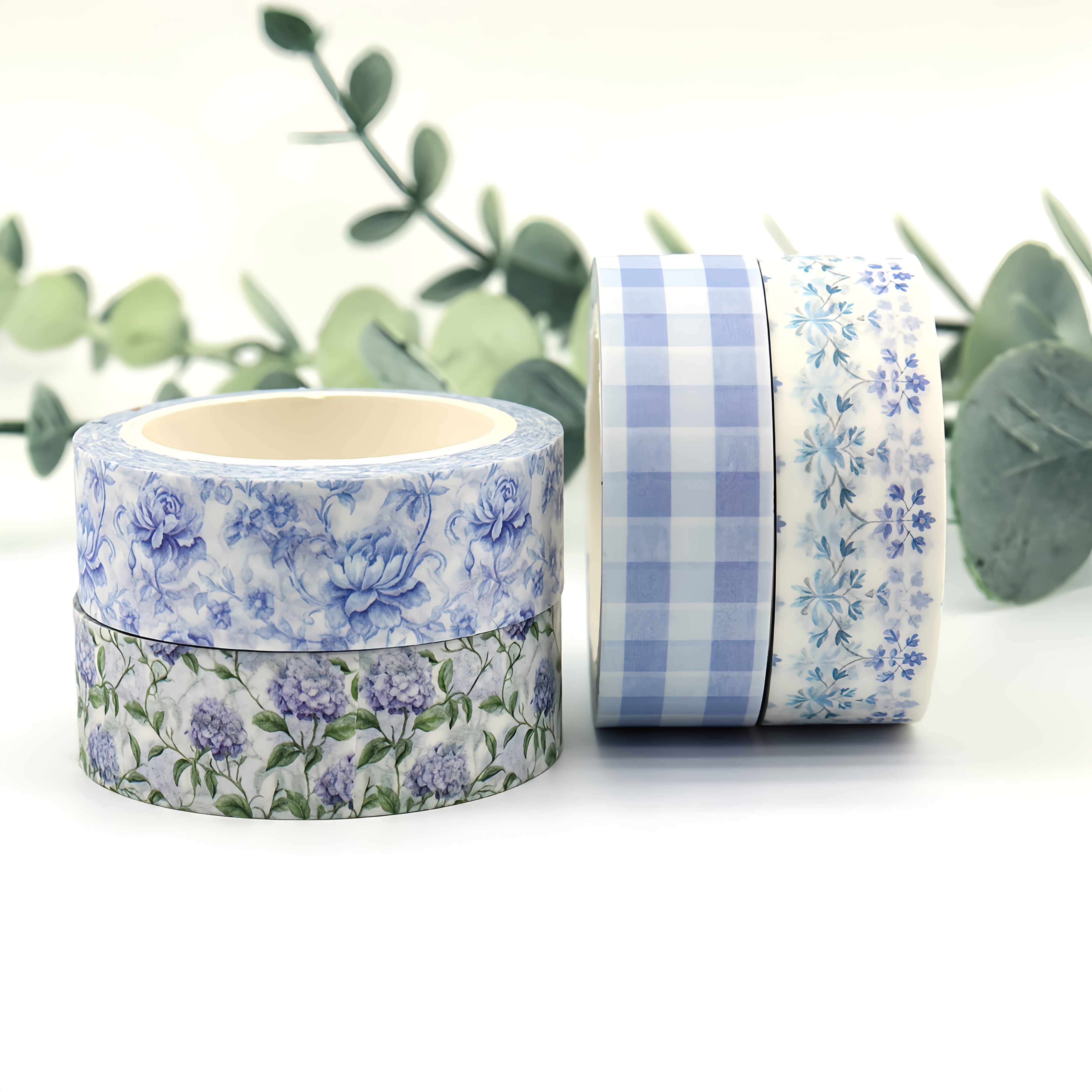 4 Rolls Of 10mx15mm Washi Tape, Blue Flower, Grid Series Creative Masking Tape, For Diary Stickers, Decorative Arts And Crafts Tape For Gift Packaging