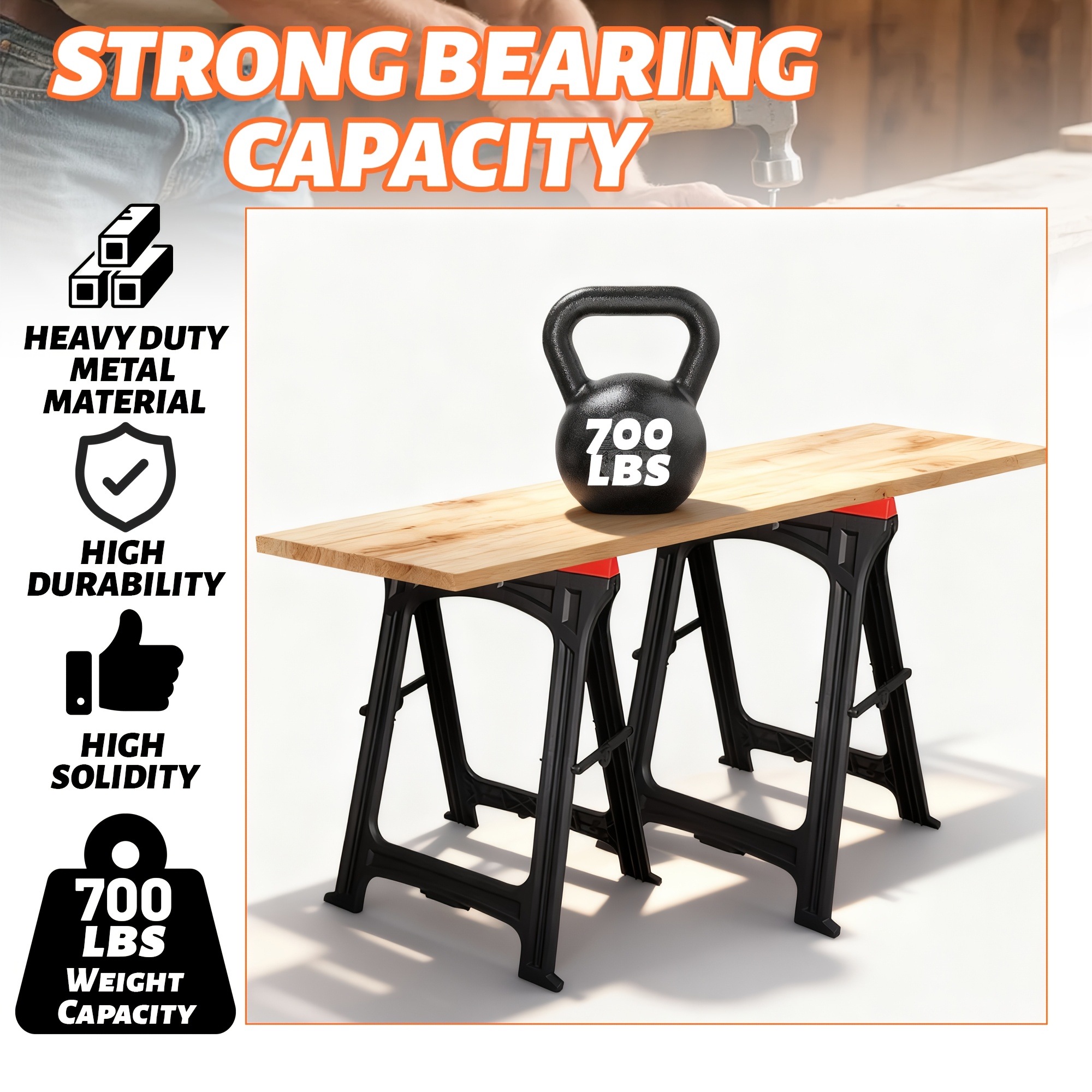 2 Pack Folding Heavy Duty Plastic Saw Horses, 350 lbs Load Each, 700 lbs Total, 1.9" Thick, Portable