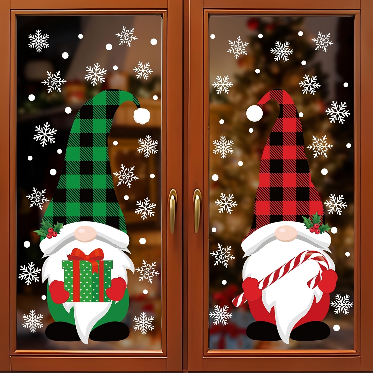 TEMU 2 Extra Large Christmas Window Decals, Dwarf Window Decals In Red And Plaid, Double-sided Christmas Snowflake Window Stickers, Suitable For