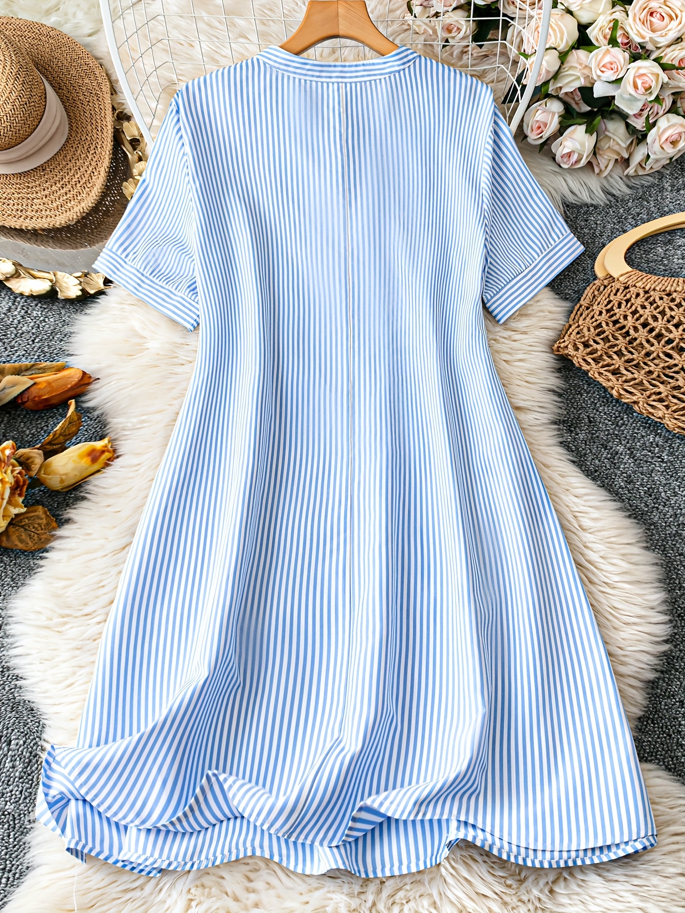 womens plus size blue white striped v neck button dress Temu