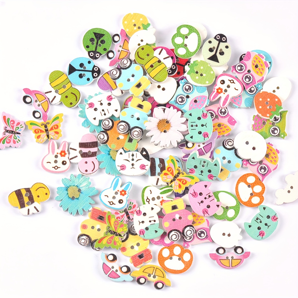 

50pcs Assorted Mini Wooden Buttons With Animal Prints - 1-2cm, Dual-hole For Sewing & Crafts, And Bag Decorations