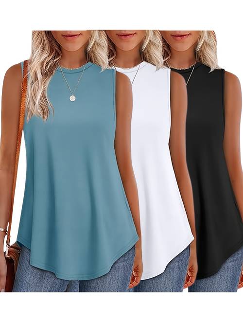 womens 3pcs casual sleeveless tank tops loose fit round neck solid color polyester blend machine washable ladies tank tops