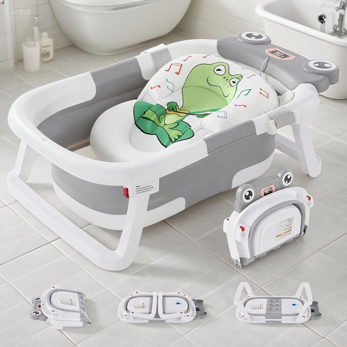 TEMU Foldable Bathtub With Soft Non-slip Cushion & Thermometer - Portable Travel-, Durable Plastic For To 0-36 Months, Gray, Safe Bathing | | Durable Plastic Tub,