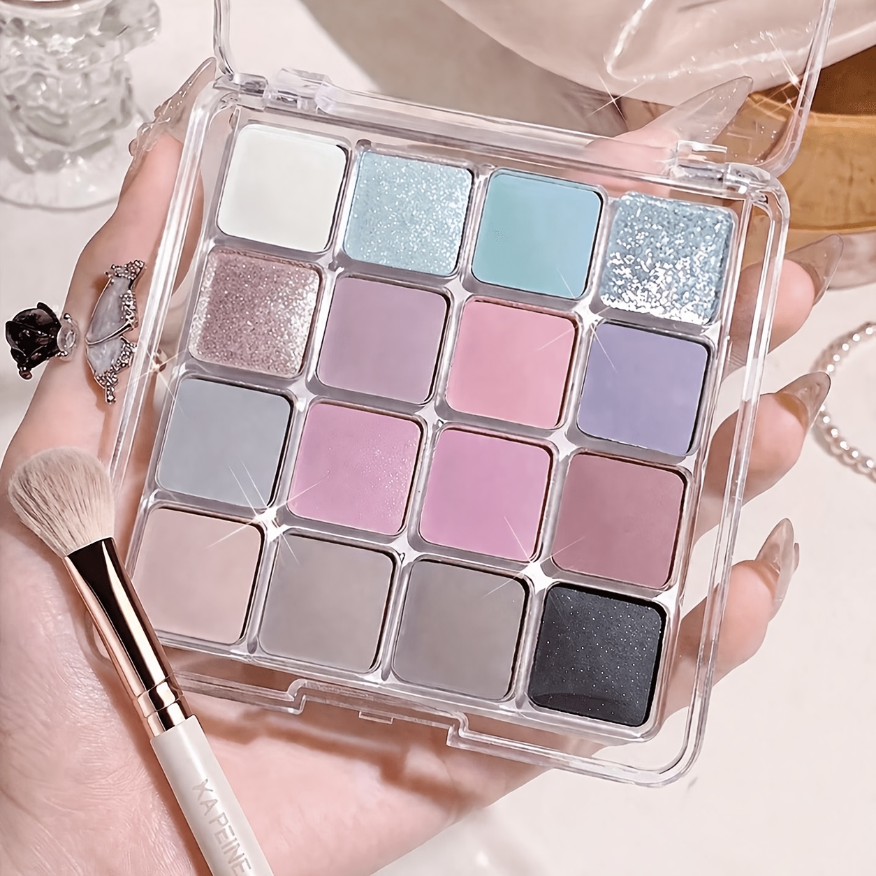 TEMU 16 Colors Pastel Eyeshadow Palette Matte Shimmer Glitter Eye Shadow Makeup Palette Purple Gray Long Lasting Kit