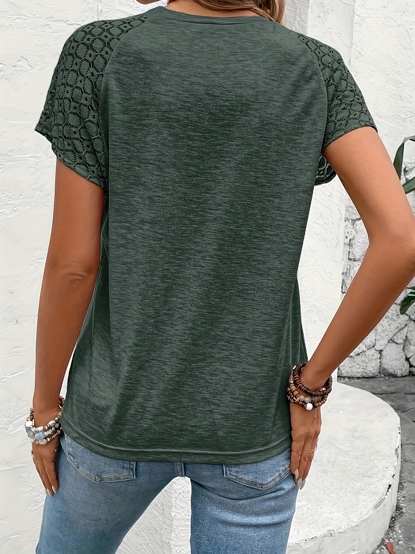 womens elegant solid color lace sleeve t shirt summer   blouse with breathable fabric machine washable versatile for casual formal outfits cropped tee style soft   ladies t shirts Product details 1