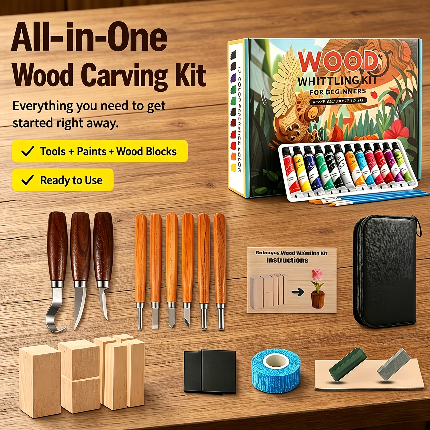TEMU Kit complet de 29 pièces d'outils de sculpture sur bois avec 9 couteaux à tailler, 7 blocs de bois et 12 couleurs de peinture, convient aux