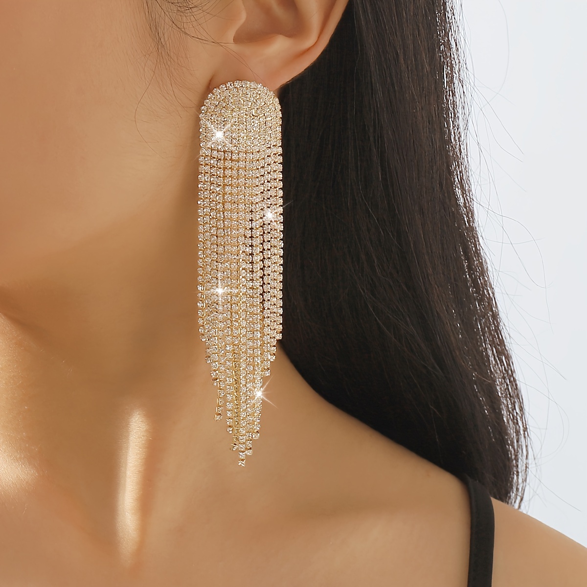 Long Tassel Earrings With European And American Temperament, Full Of Trendy Water Drill Long Tassel Earrings For Women, High-end Ear Studs Ear Jewelry Earrings