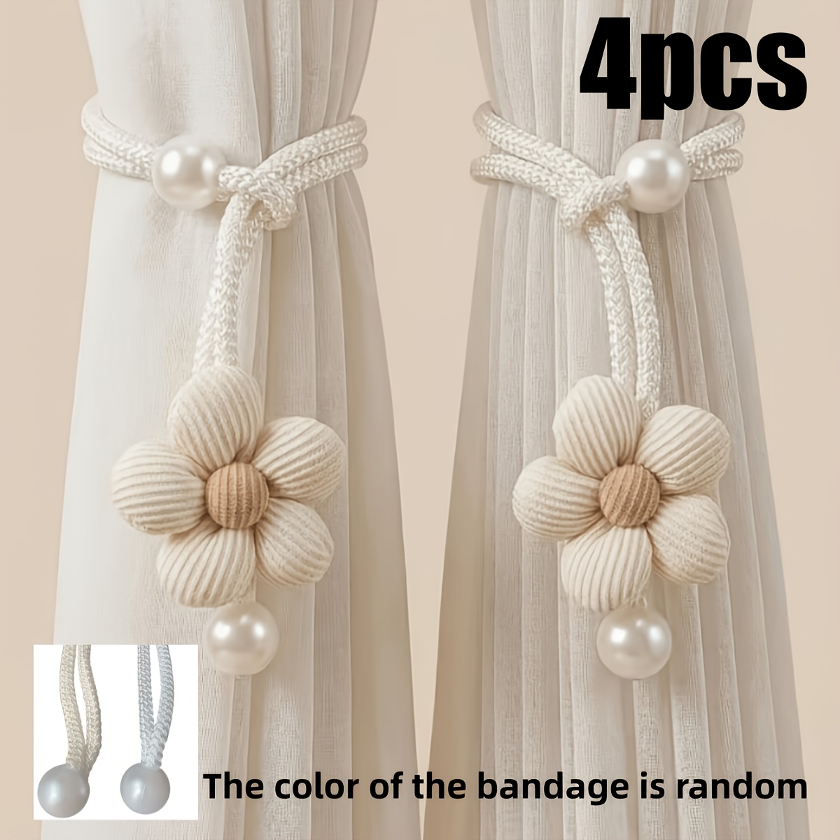 TEMU 4pcs Floral Woven Rope Curtain Tiebacks For Home Decor, 4pcs Curtain Straps With Random Colors, Pearl-embellished Curtain Tiebacks, Suitable For
