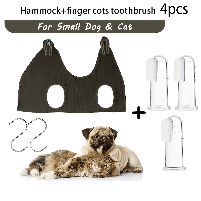 TEMU 4pcs Set: Medium Pet Grooming Hammock + 3 Finger Toothbrush Gloves - Suitable For Nail Trimming And Grooming Care - Pet Tool - Includes
