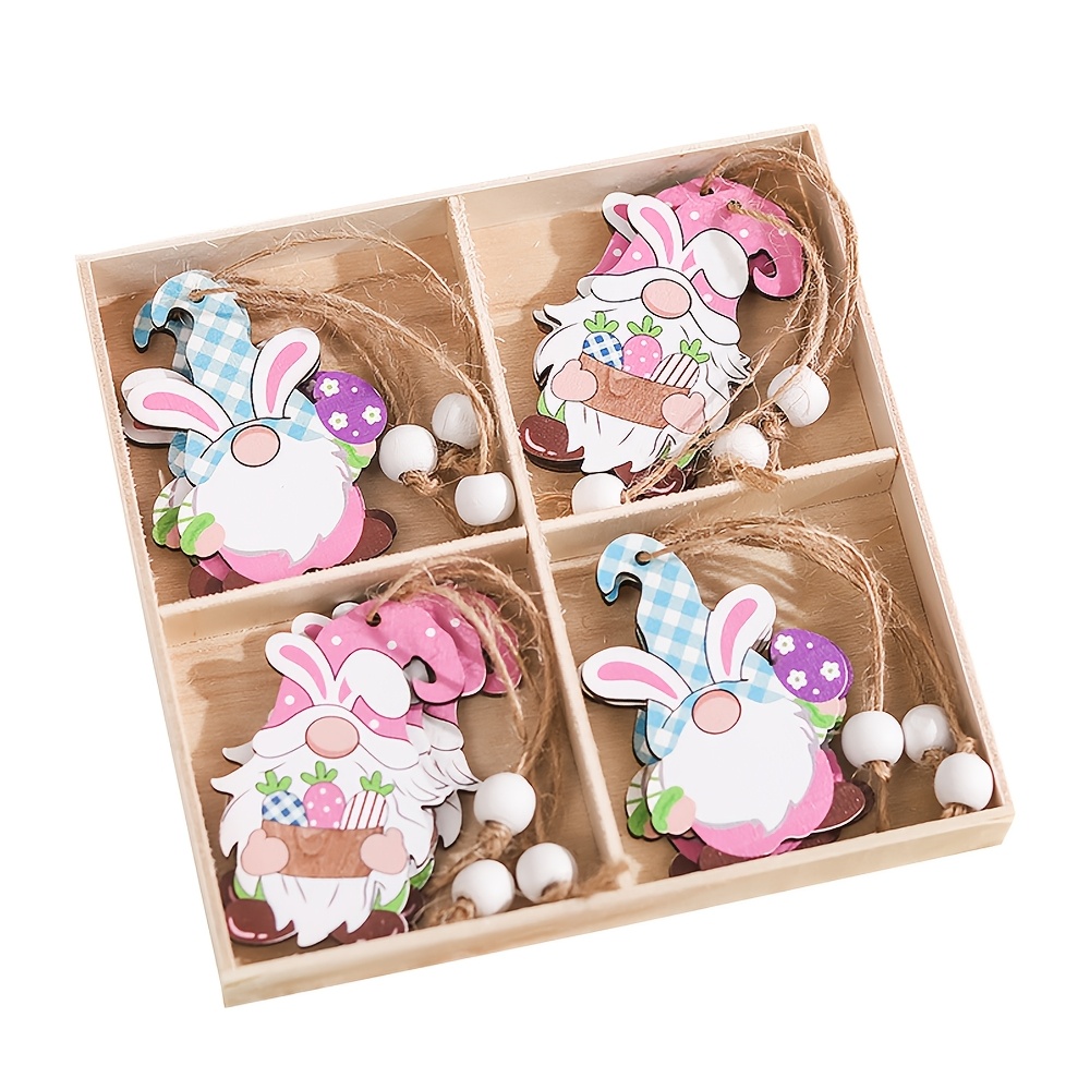 Image of 12pcs Spring Easter Wooden Decorative Hangings Creative Cartoon Printed Faceless Old Man Rabbit Small Hangings 4-grid Wooden Hangings