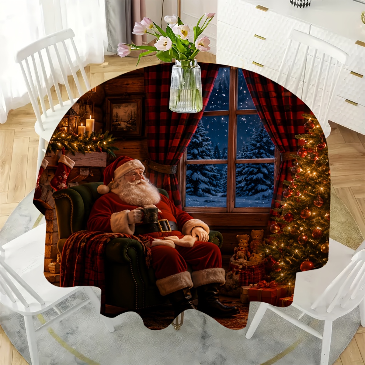 2D Flat, 1pc, Tablecloth, Santa Claus Cozy House Theme Decorative Round Tablecloth, Halloween, Reusable, Holiday Decoration, Suitable for Party Dining, Restaurant Decor,   a Unique Atmosphere, Gift for  