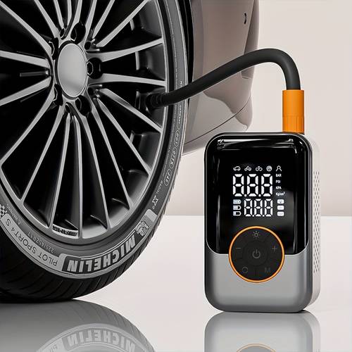 item picture portable air compressor cordless tire inflator with tire pressure gauge 150psi usb c rechargeable led button operation digital pressure gauge nozzle set for cars bikes balls compact air compressor for car