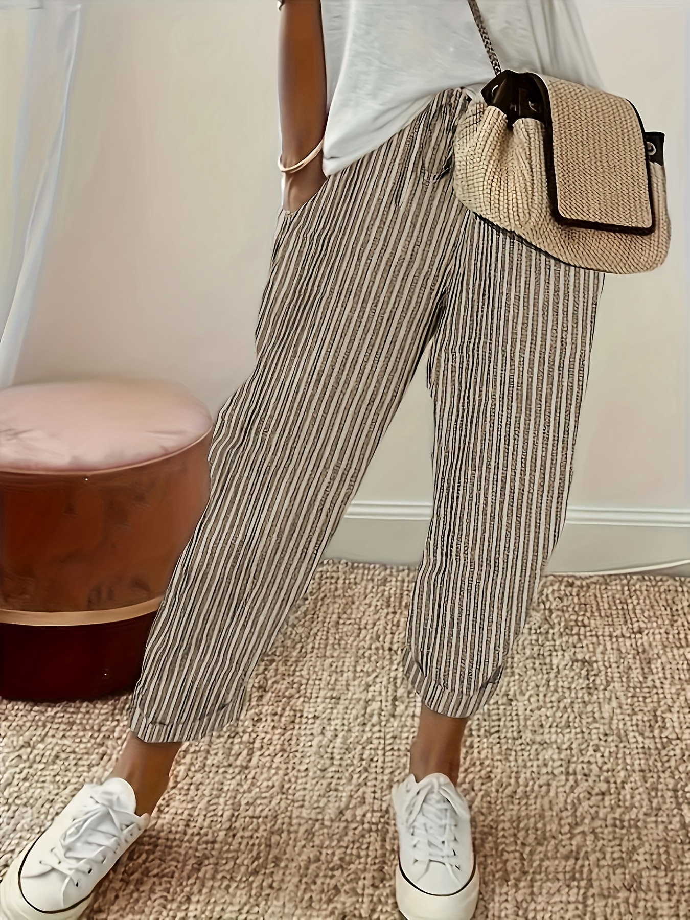 Striped Slant Pocket Drawstring Pants, Casual Pants For Spring & Summer, Women's Clothing