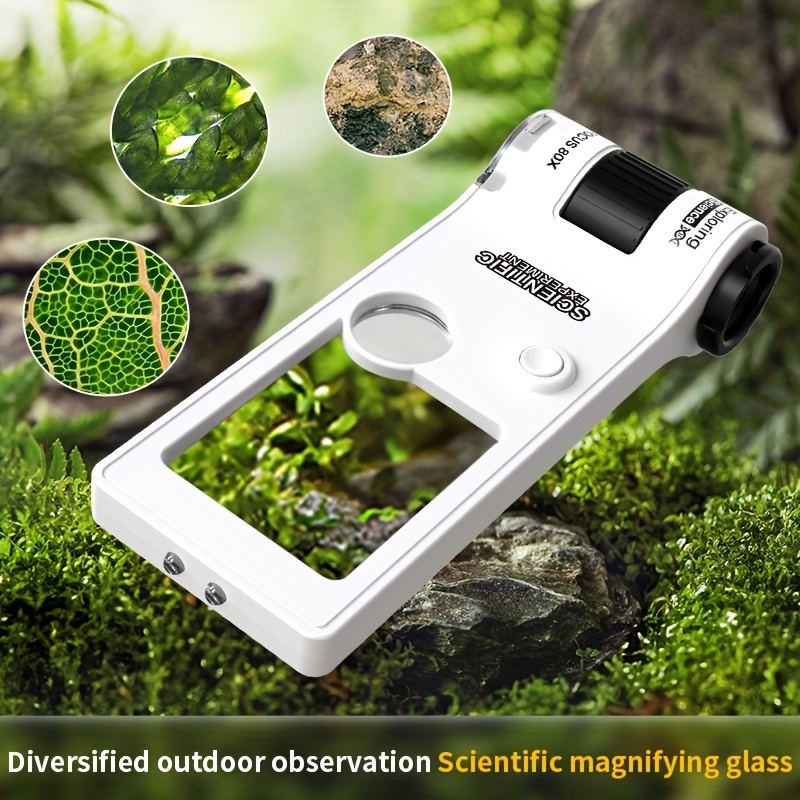 Microscopio Portátil 2-en-1 de Doble Función 3-10-80X con Luz LED Morada para Aventuras al Aire Libre, un Buen Regalo de Cumpleaños y del Día del Niño desde el Laboratorio a la Naturaleza
