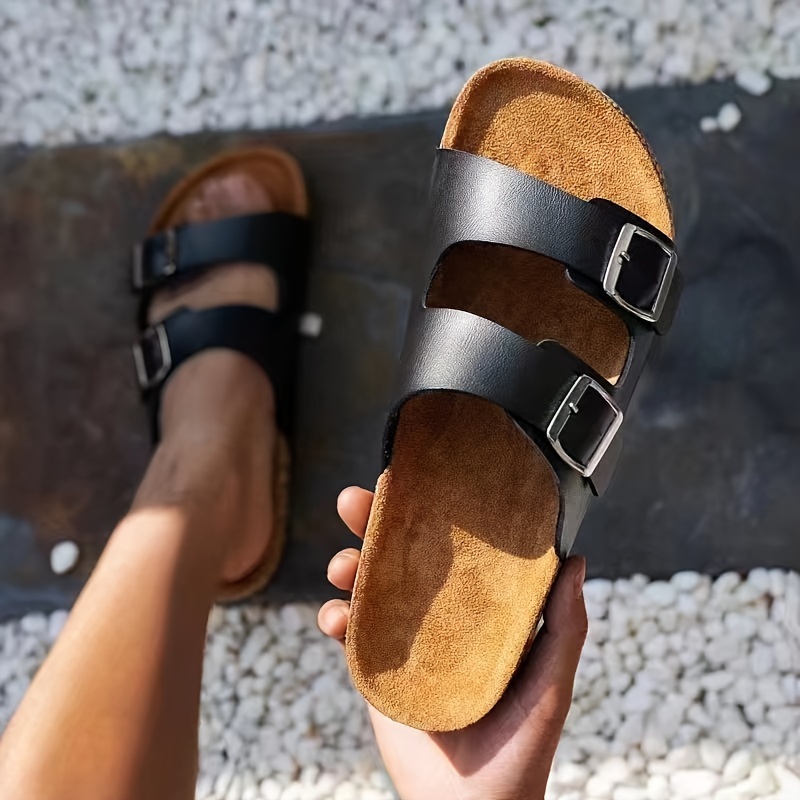 

Women's Solid Color Stylish Sandals, Platform Double Buckle Bands Soft Sole Slides, Comfort Beach Holiday Slides