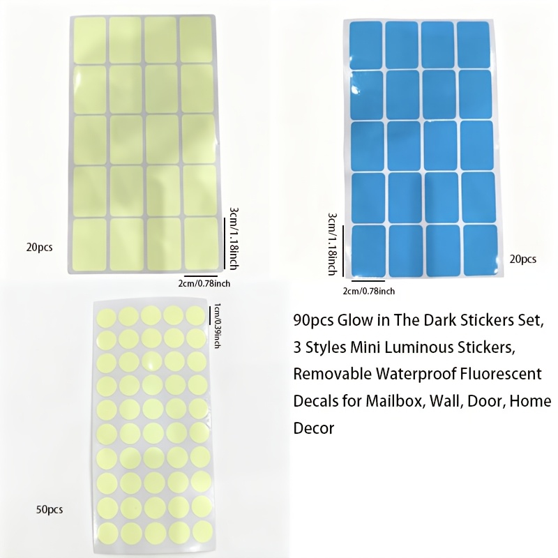 90pcs Glow In The Dark Stickers Set, 3 Styles Mini Luminous Stickers, Removable Waterproof Fluorescent Decals For Mailbox, Wall, Door, Home Decor