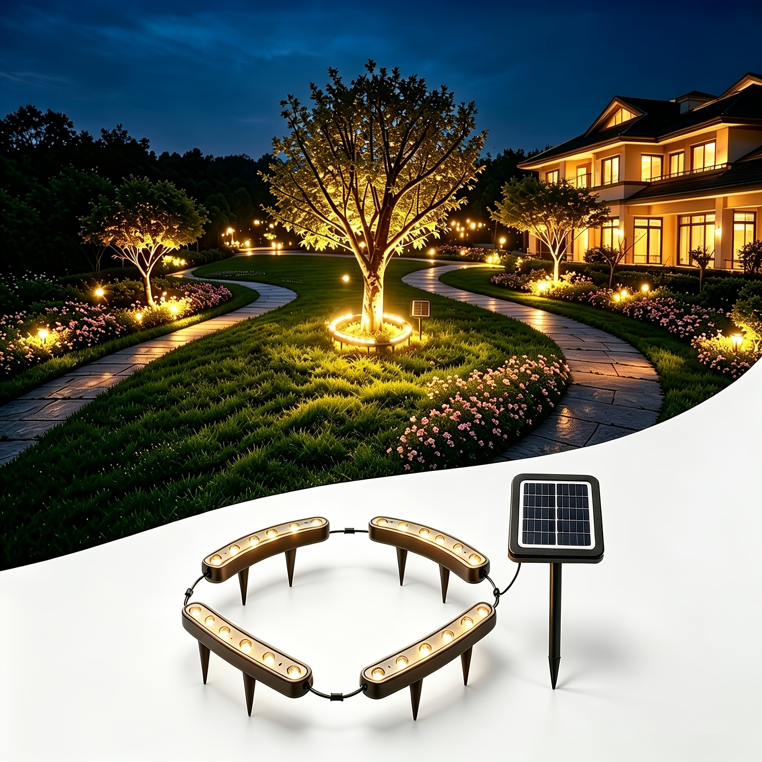 TEMU Lampe solaire d'extérieur de palmier, lumière circulaire chaude/blanche/colorée, lampe LED d'éclairage pour arbre, projecteur d'aménagement
