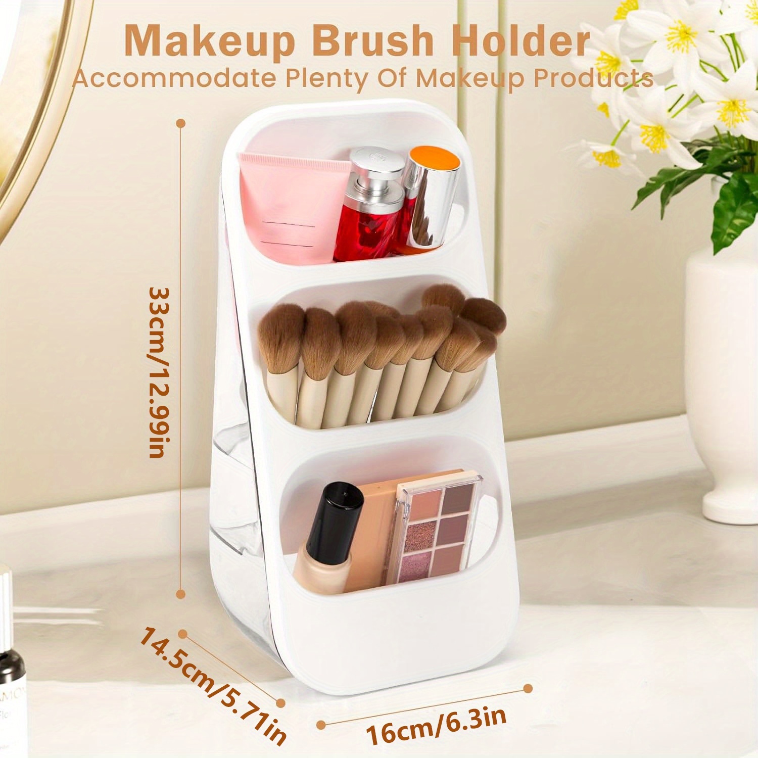 3 tier makeup brush holder organizer with multiple compartments lightweight plastic countertop storage for brushes lipsticks skincare products and stationery   bathroom or vanity display makeup brush holder Product details 2