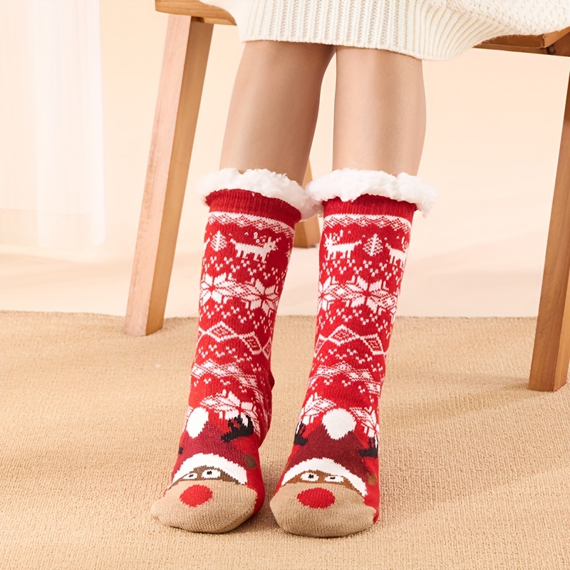 TEMU 1 Pair Of Christmas Plush-lined Thermal Socks, Soft And Comfortable Mid-calf Socks, Women's House Slippers And Socks