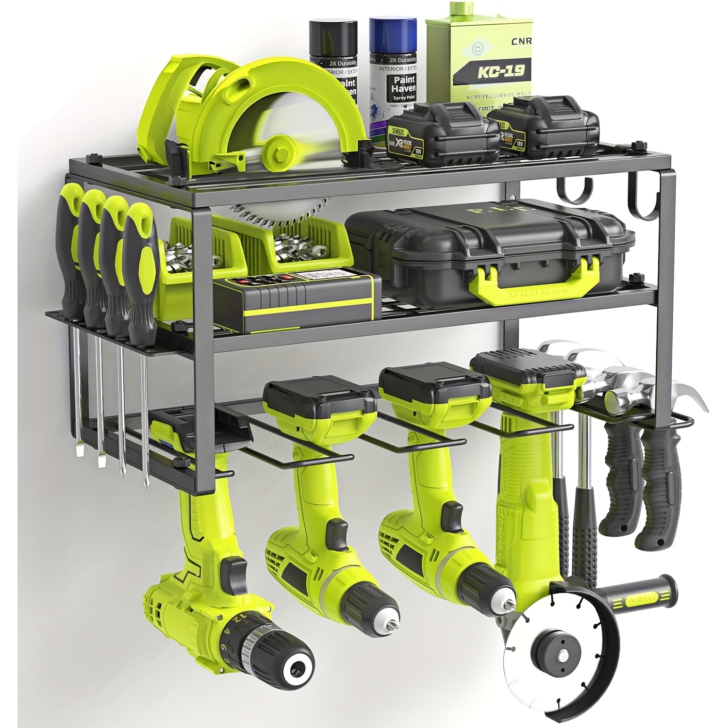 Multi-functional Power Tool Organizer - 3-layer Metal Storage Shelf With Drill/ Screwdriver/hammer Holders, Perfect Father's Day Gift For Enthusiasts