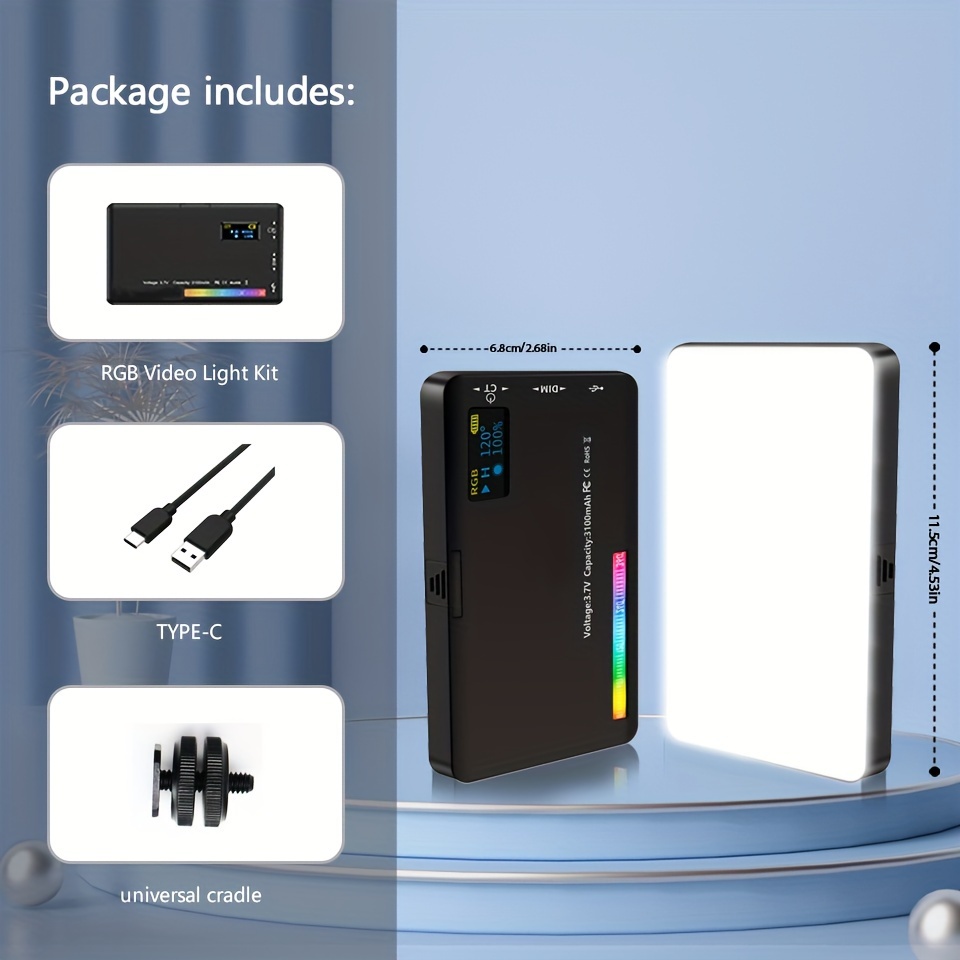 rgb video light cri 95 2500 9000k rechargeable 360   portable photography light built in 3100mah rechargeable battery with tripod stand oled display and 1 4 screw adjustable   brightness for portrait shooting video recording game