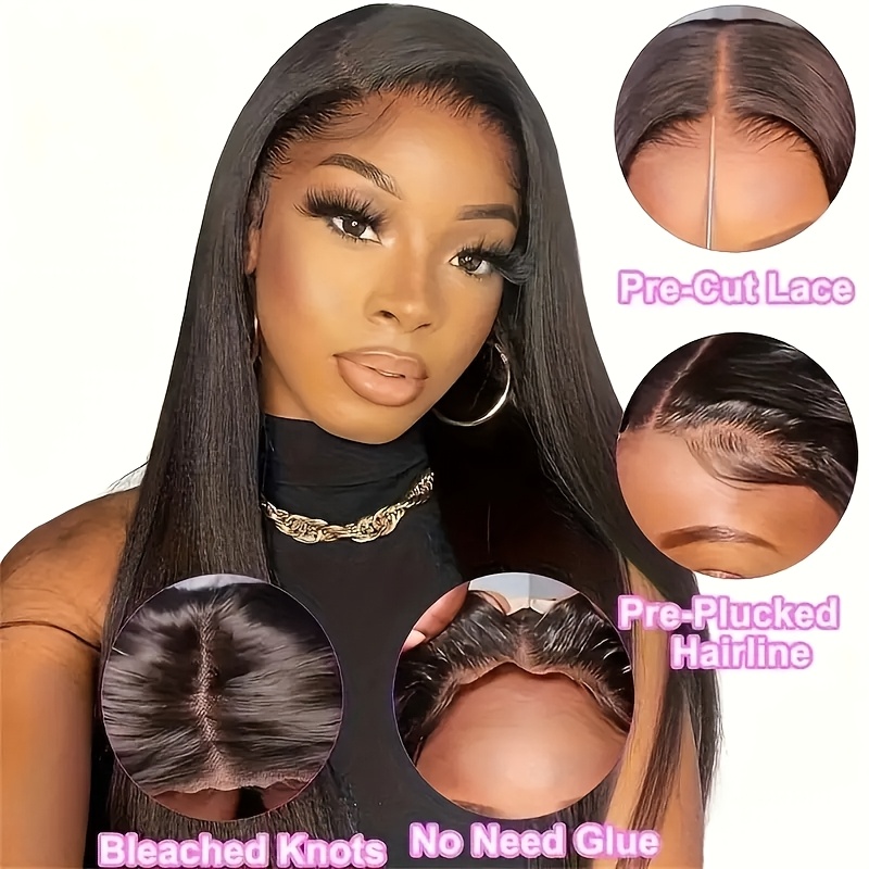 glueless brazilian human hair wig for women 150 density straight 5x5 hd transparent lace front with hairline knots details 4