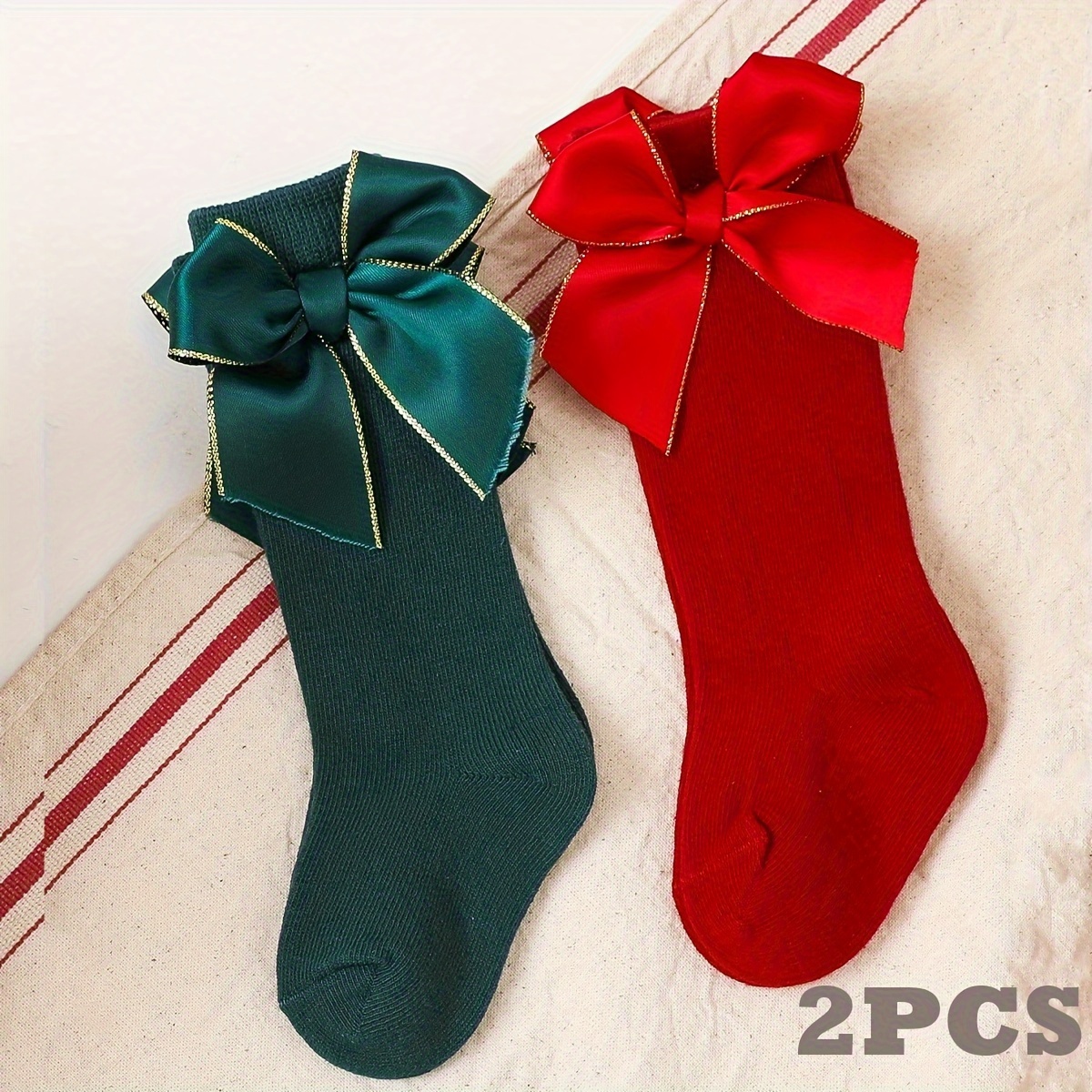 

2pcs Girls' Christmas Bowknot Mid-calf Socks - Soft Polyester , Hand Wash Only