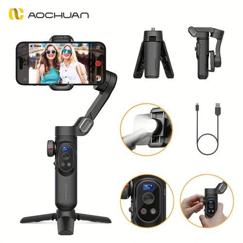 smart mobile phone gimbal bracket intelligent shooting outdoor sports vlog stabilizer three axis anti shake and stability with built in three speed fill light reverse wireless charging support app black gray foldable portable supports smartphone desktop placement remote control live broadcast selfie family portrait multiple shooting face body tracking object horizontal screen shooting